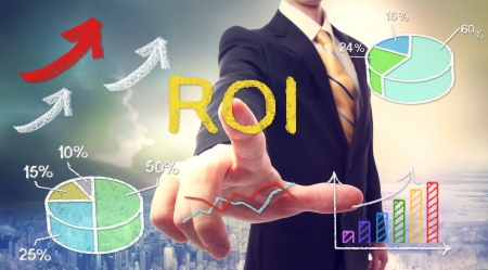 25338931 - businessman touching roi (return on investment) over skyline ROI
