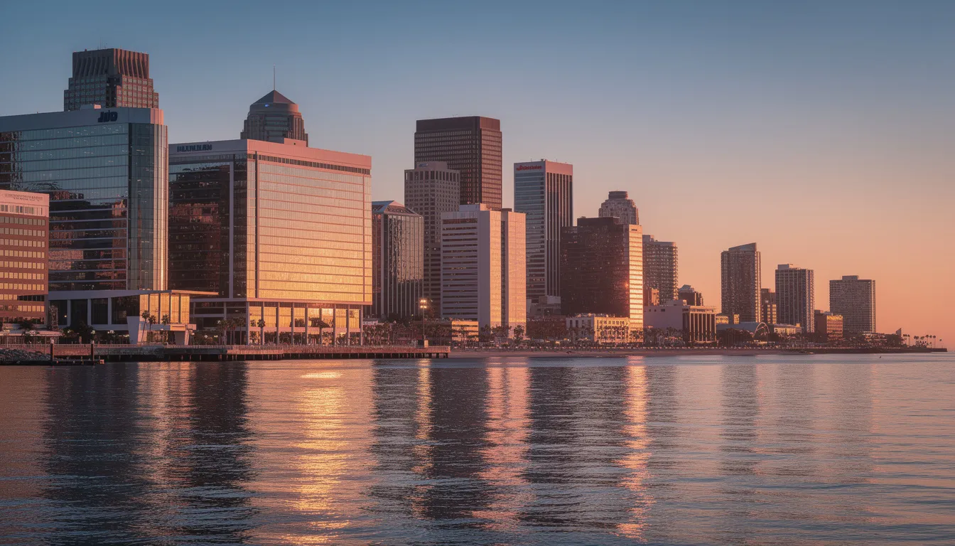 The image showcases the San Diego skyline at sunset, with sleek modern office buildings in the foreground, reflecting the vibrant colors of the sky. This picturesque scene symbolizes the potential for professional success and growth, much like the emotional intelligence training workshops held in the city, which focus on enhancing communication skills and self-awareness.