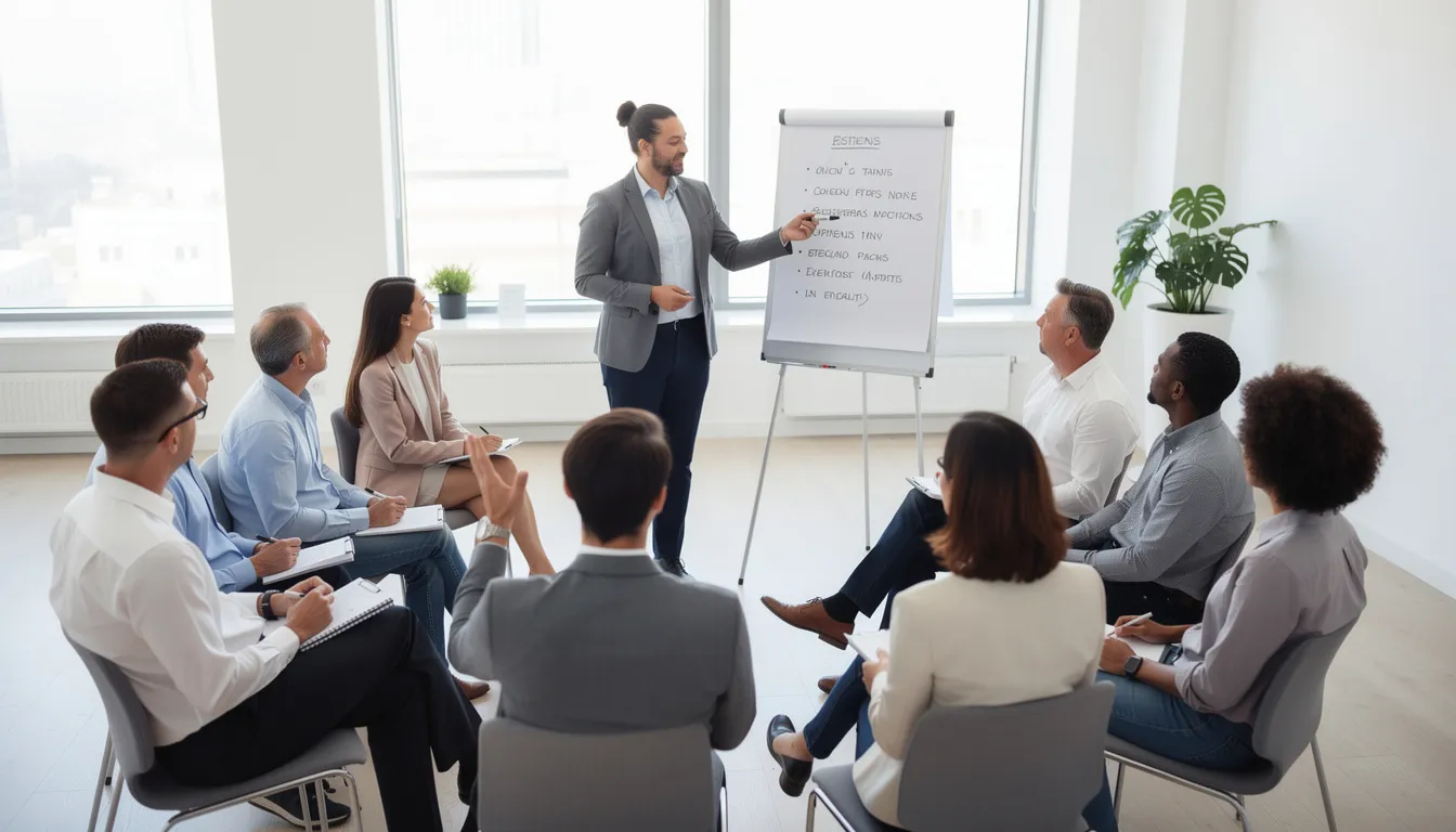 A facilitator is leading an engaging discussion with professionals seated in a circle in a bright training room, focusing on emotional intelligence and effective communication skills. This interactive workshop in San Diego emphasizes self-awareness and relationship management, aiming to enhance participants' professional development and leadership skills.