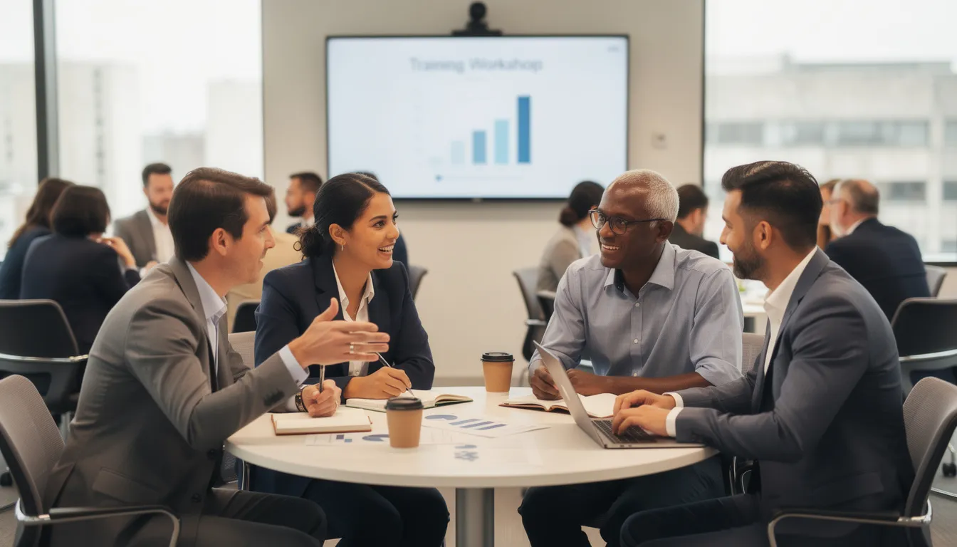 A diverse group of professionals is engaged in a lively discussion during an emotional intelligence training workshop in San Diego, focusing on effective communication and self-awareness. Participants are sharing insights and strategies to enhance their leadership skills and workplace relationships, fostering a growth mindset for professional success.
