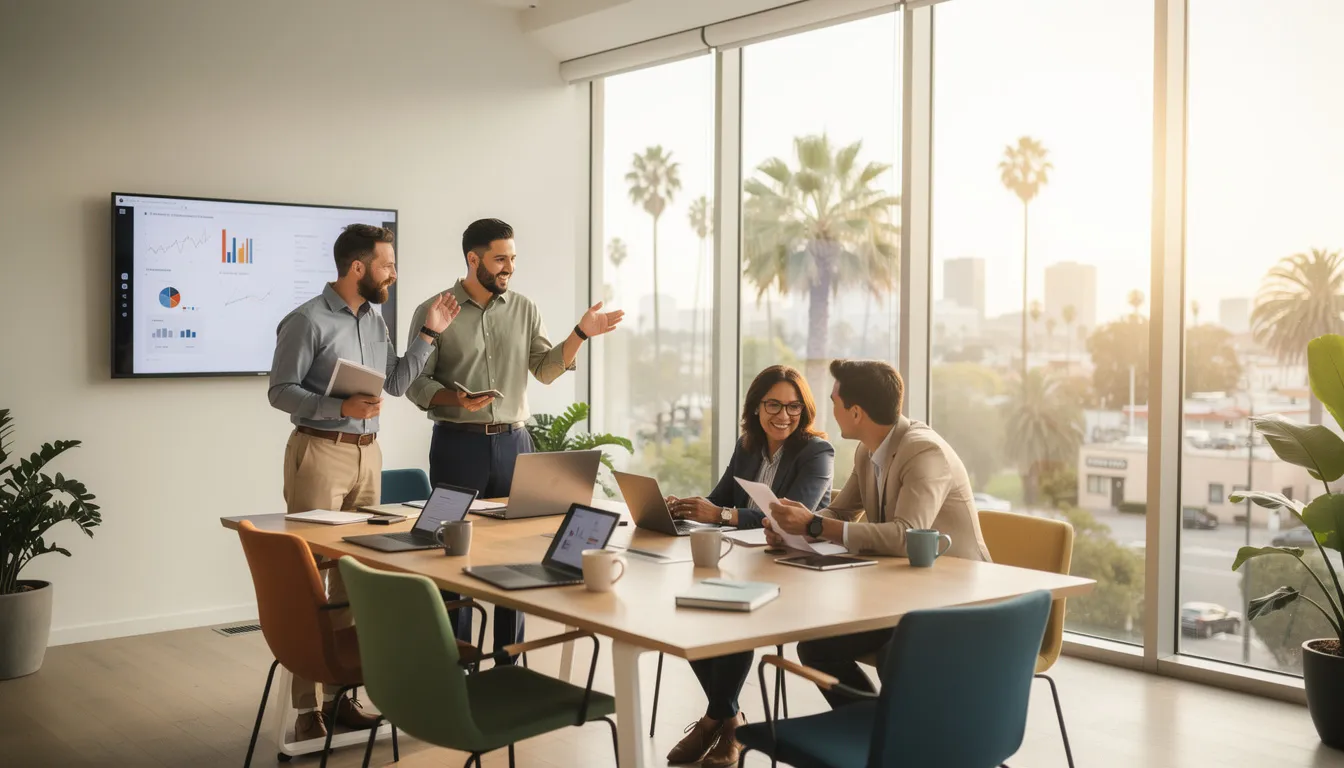 A diverse team of professionals is collaborating in a bright, modern office in Los Angeles, engaging in group activities that enhance their emotional intelligence and interpersonal skills. They are focused on developing strategies for managing emotions and improving self-awareness to achieve personal and professional success.