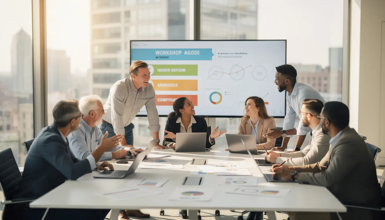 A diverse group of professionals is engaged in a lively workshop discussion around a conference table, focusing on emotional intelligence competencies essential for personal and professional success. Participants are sharing insights on managing emotions and developing strategies to enhance their interpersonal skills and workplace relationships.